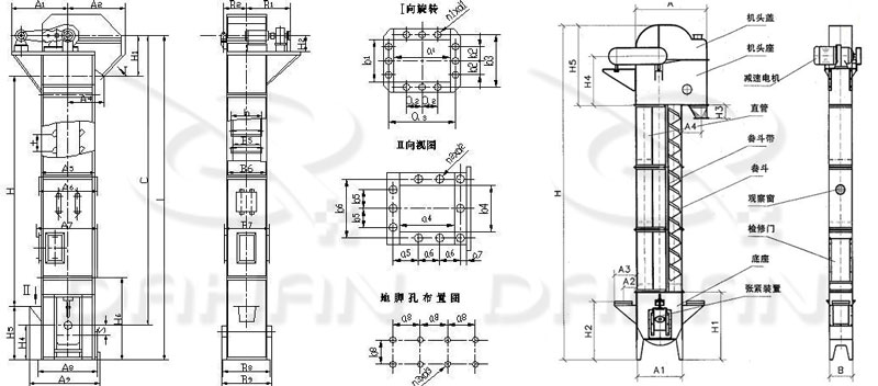 TD/D型斗式提升机基本结构:机头盖，机头座，减速电机，直管，底座，紧张装置等。