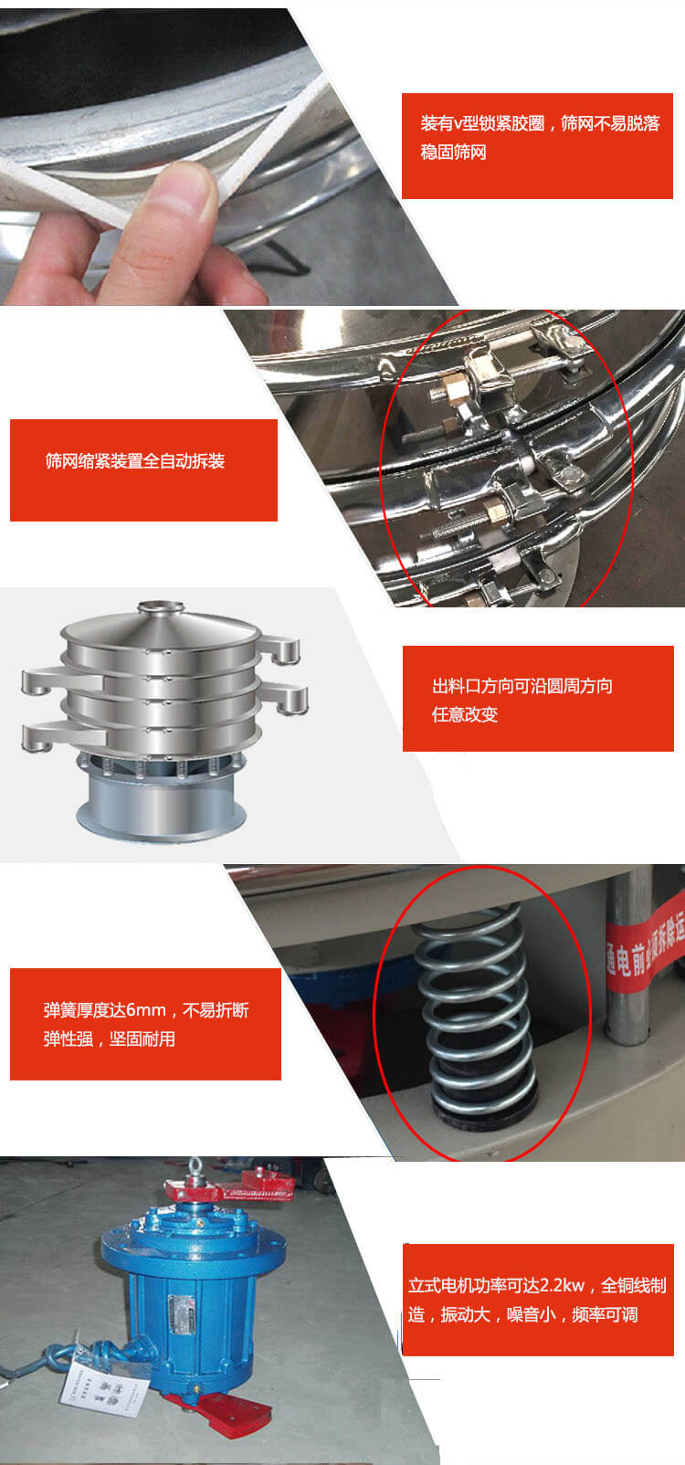 装有V型锁紧胶圈，使筛网不易脱落稳固筛网，筛网锁紧装置，全自动拆装，出料口方向可沿圆周方向任意改变。弹簧厚度达6mm，不易折断，弹性强，坚固耐用。专业的振动电机，全铜线制造，振动大，机械噪音小，频率可调。产品对比:材质：妖精视频下载污妖精视频网站入口厂家采用304不锈钢材质耐腐蚀性，耐热性强。个别厂家采用其它金属材质，耐腐蚀性，耐热性差蒸发缓慢，烘干效率较低。妖精视频下载污妖精视频网站入口厂家采用金属编织网，筛分精度高，效率高，筛网利用率高。