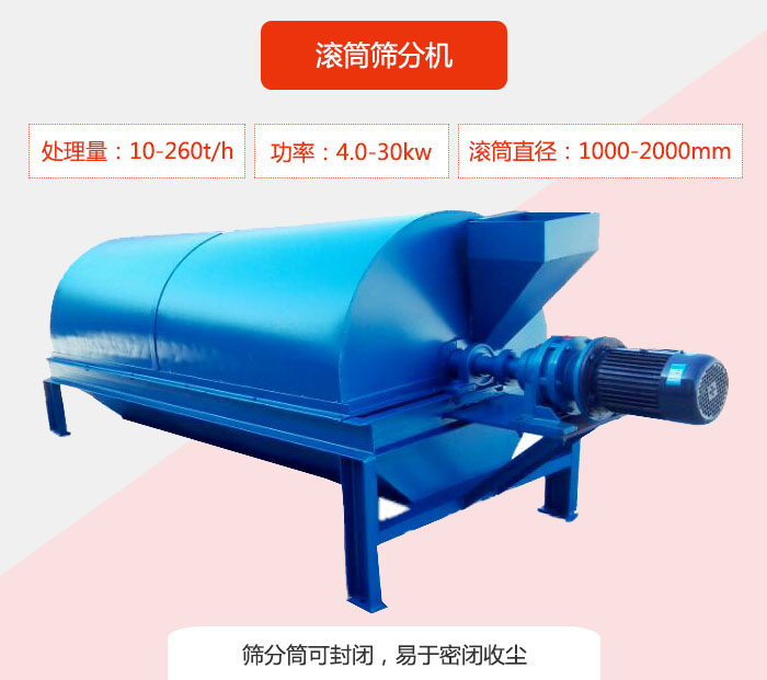 滚筒筛分机：处理能力：10-260t/h  功率：4.0-30kw 滚筒直径：1000-2000mm 筛分筒可封闭，易于密闭收尘