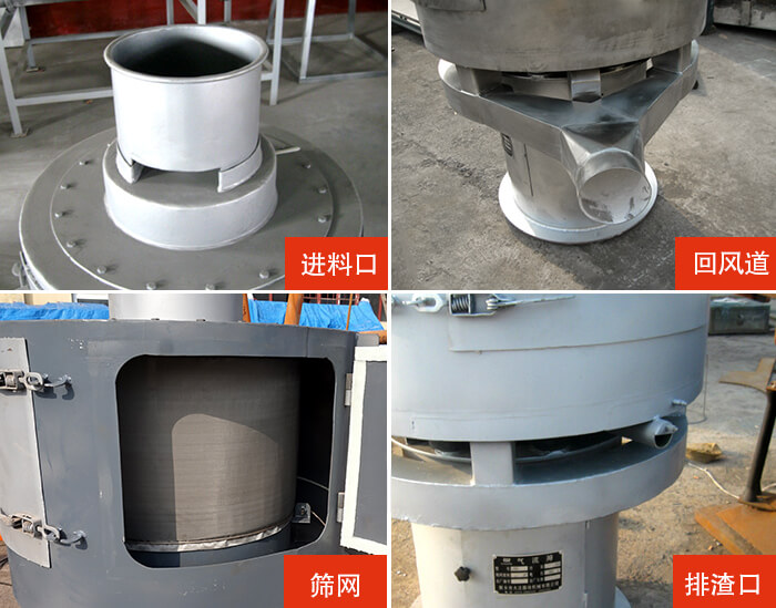 气流筛分机进料口，回风道，筛网，排渣口。