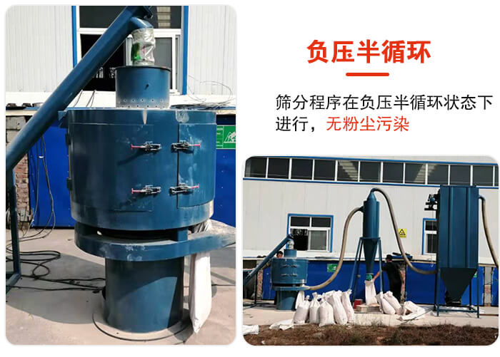 气流筛负压半循环，筛分程序在负压版循环状态下进行，无粉尘污染。